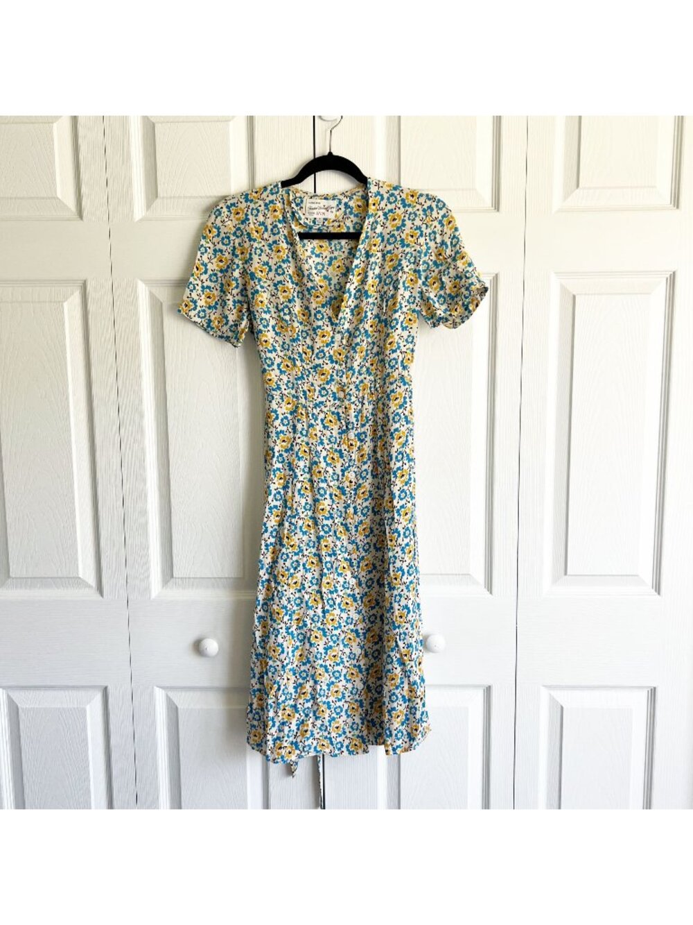 HVN Blue Orange Floral Print V-Neck Rosemary 100% Silk Dress Women's Size 2